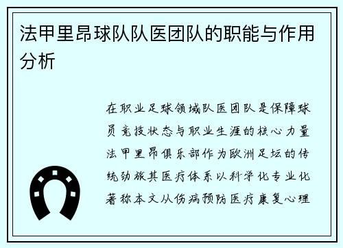 法甲里昂球队队医团队的职能与作用分析