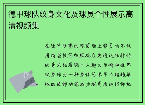 德甲球队纹身文化及球员个性展示高清视频集